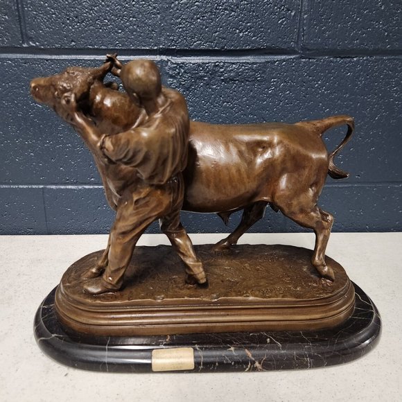1860's Isidore J. Bonheur Bronze, Man Taming Bull, Marble Base
